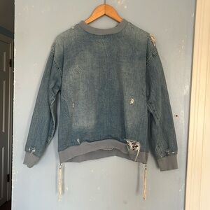Zara Woman 100% Cotton Denim Distressed Long Sleeve Pullover Sweatshirt